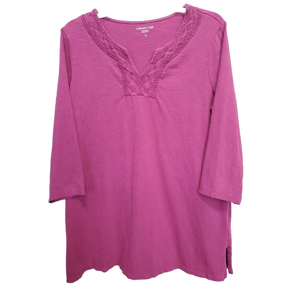 Coldwater Creek 100% Cotton Wine Embroidered Split Neck 3/4 Sleeve Tunic Size L
